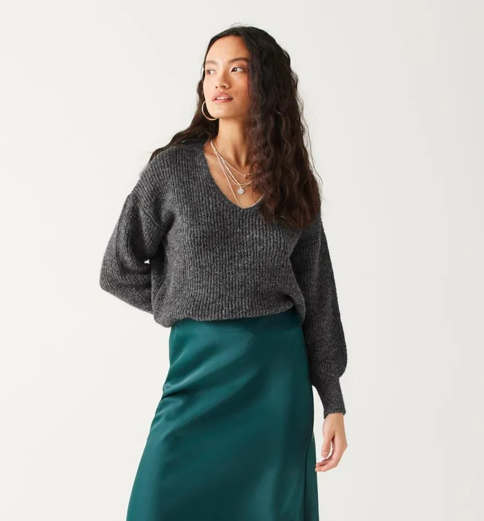Women VNeck Ribbed Jumper 8211 Dark Grey Promod Jumpers And Cardigans