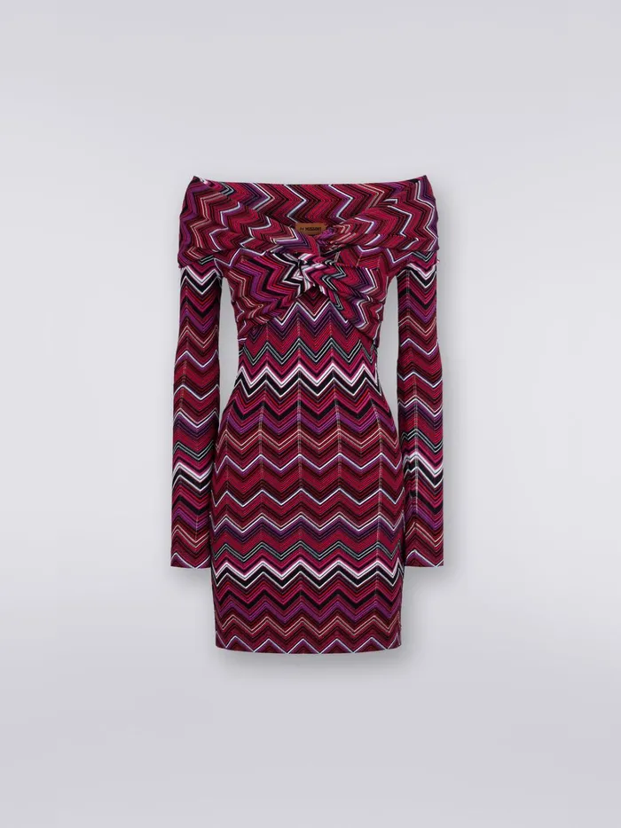 Women Viscose Chevron Mini Dress With Bardot Neckline Multicoloured Missoni Dresses