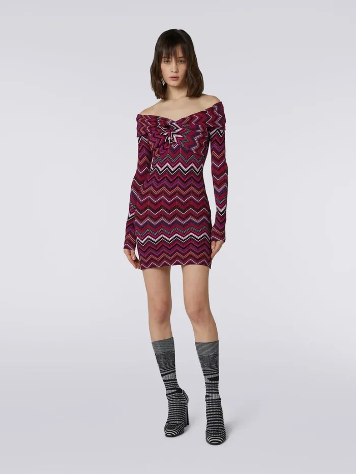 Women Viscose Chevron Mini Dress With Bardot Neckline Multicoloured Missoni Dresses Women Viscose Chevron Mini Dress With Bardot Neckline Multicoloured Missoni Dresses