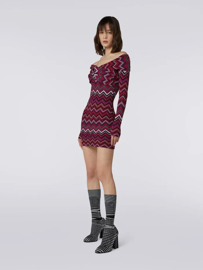 Women Viscose Chevron Mini Dress With Bardot Neckline Multicoloured Missoni Dresses Women Viscose Chevron Mini Dress With Bardot Neckline Multicoloured Missoni Dresses