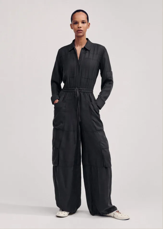 Women Washed Silk Parachute Jumpsuit Black MEEM
