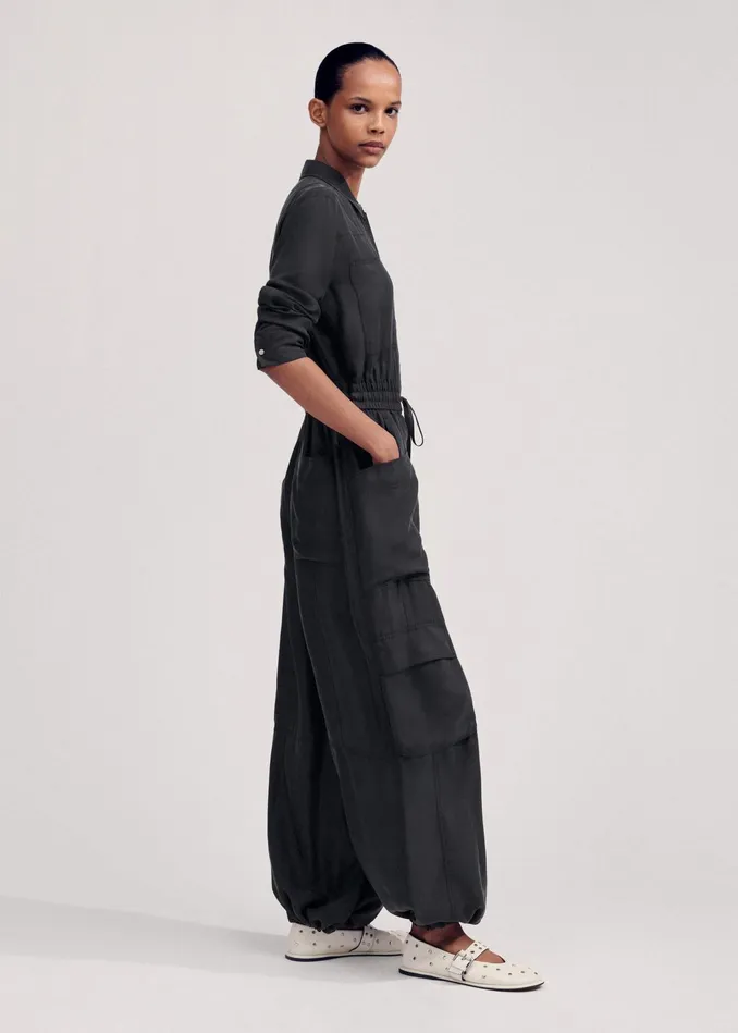 Women Washed Silk Parachute Jumpsuit Black MEEM