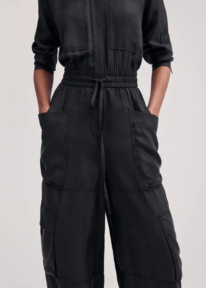Women Washed Silk Parachute Jumpsuit Black MEEM