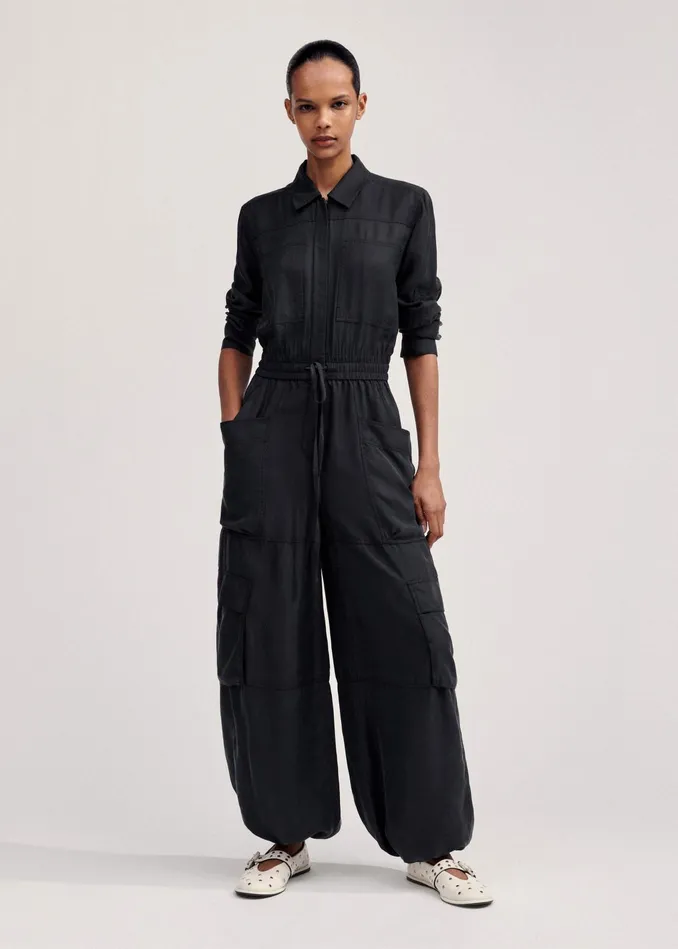 Women Washed Silk Parachute Jumpsuit Black MEEM