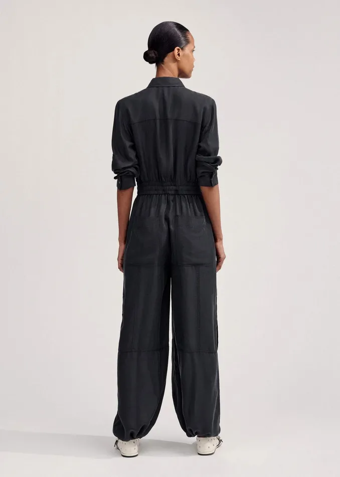 Women Washed Silk Parachute Jumpsuit Black MEEM