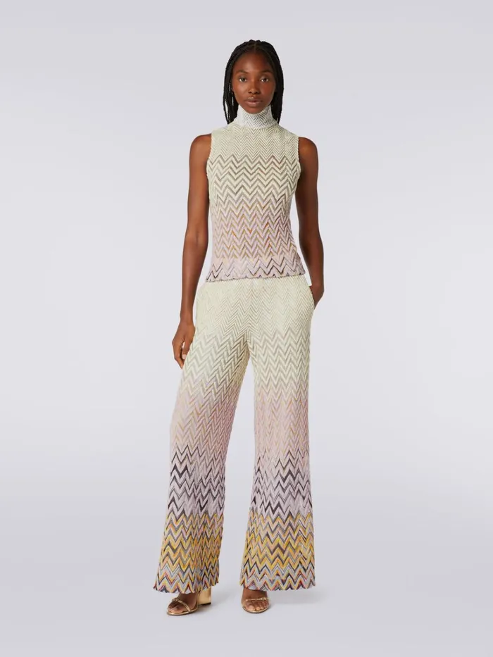 Women Wool And Viscose Flared Trousers With Zigzag Pattern Multicoloured Missoni Trousers Women Wool And Viscose Flared Trousers With Zigzag Pattern Multicoloured Missoni Trousers