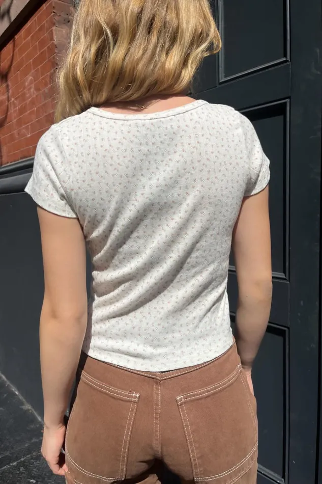 Zelly Floral Eyelet Top Ivory With Rose Pink Floral Women Brandy Melville Tops