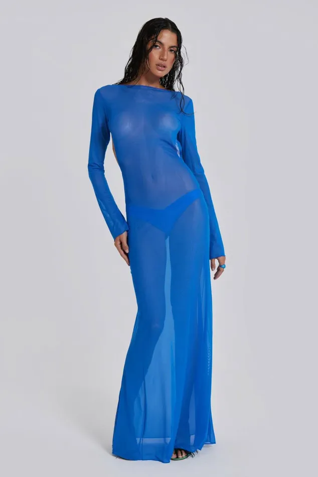 Ziva Sheer Maxi Beach Dress Blue Women Jaded London Beach Cover Ups